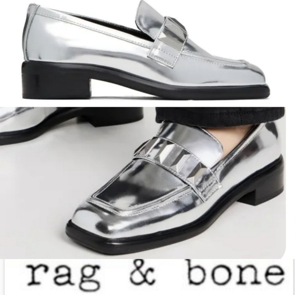 Rag & bone Silver Maxwell Loafers Flats NWT Studded Shiny Leather Casual Grunge - Picture 1 of 14